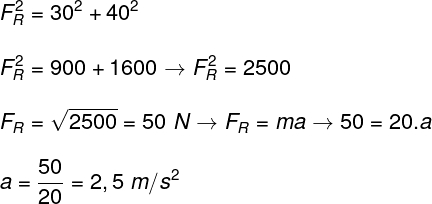 Para calcular a força resultante sobre o corpo, uma vez que as duas forças em questão são perpendiculares entre si, é necessário que apliquemos o teorema de Pitágoras. Depois disso, podemos calcular o módulo da força resultante por meio da segunda lei de Newton.   Título: Cálculo – exercício 11  Com base no resultado obtido no cálculo anterior, descobrimos que a aceleração desenvolvida pelo corpo é de 2,5 m/s², portanto a alternativa correta é a letra C.