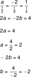 Resolução da proporção inversa entre (a, -2, 1) e (2, b, 4).