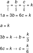 Resolução de questão com ângulos de um triângulo proporcionais a 1, 3 e 6.