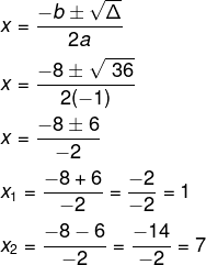 Cálculo de Bhaskara na resolução da questão três