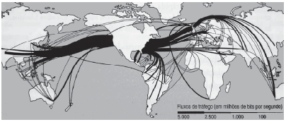 Mapa usado em questão da Fuvest que ilustra fluxos de tráfego pelo mundo