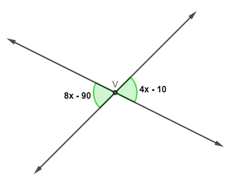 Ângulos 8x-90 e 4x-10 opostos pelo vértice.