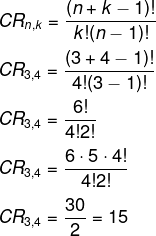 Cálculo de combinação com repetição de 3 elementos tomados de 4 em 4