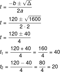  Aplicação da fórmula de Bhaskara para achar valor de t