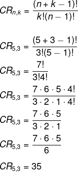 Cálculo de combinação com repetição de 5 elementos tomados de 3 em 3