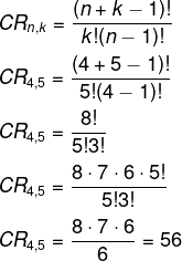 Cálculo de combinação com repetição de 4 elementos tomados de 5 em 5
