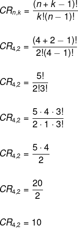 Cálculo de combinação com repetição de 4 elementos tomados de 2 em 2