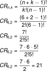 Cálculo de combinação com repetição de 6 elementos tomados de 2 em 2