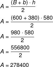 Cálculo de área do trapézio com bases de 600 cm e 380 cm e altura de 580 cm 