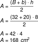 Cálculo de área do trapézio com base maior de 32 cm, base menor de 20 cm e altura de 8 cm