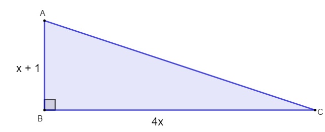 Triângulo retângulo em enunciado de questão com um cateto medindo x + 1, outro cateto medindo 4x e a hipotenusa sem valor.