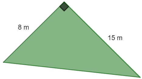 Triângulo retângulo escaleno em enunciado de questão com um lado medindo 8 m e outro, 15 m.
