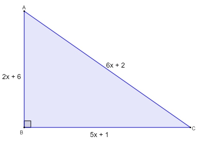 Triângulo ABC, em enunciado de questão, cujos lados medem: AB = 2x + 6; AC = 6x + 2; BC = 5x + 1.