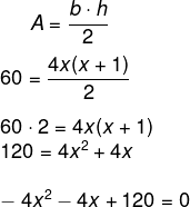 Resolução calculando, por meio da fórmula da área do triângulo, o valor dos catetos de um triângulo com área = 60 cm².