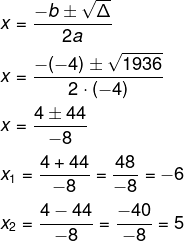 Resolução de questão por meio da fórmula de Bhaskara.