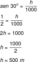 Resolução de questão por meio do cálculo do seno de 30° para encontrar o valor do cateto oposto.