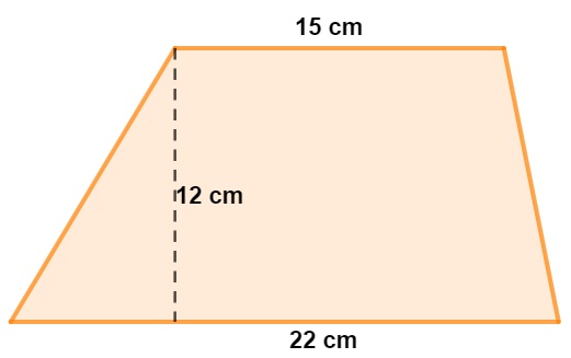 Trapézio com base maior de 22 cm, base menor de 15 cm e altura de 12 cm.
