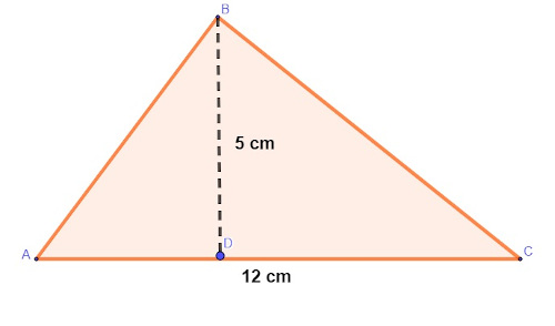 Triângulo laranja-claro com bordas em laranja-escuro e base e altura medindo, respectivamente, 12 cm e 5 cm.