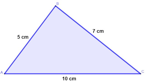 Triângulo roxo-claro com bordas em roxo escuro e lados medindo 5 cm, 7cm e 10 cm.