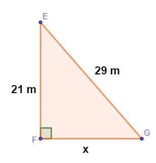  Ilustração de um triângulo retângulo com um lado medindo 21 m, um lado medindo 29 m e um lado medindo x.