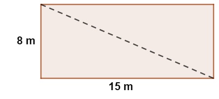 Ilustração de um retângulo com 15 m de base e 8 m de altura com a diagonal traçada formando dois triângulos retângulos.