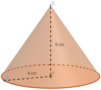 Ilustração de um cone reto com 8 cm de altura e 6 cm de raio.