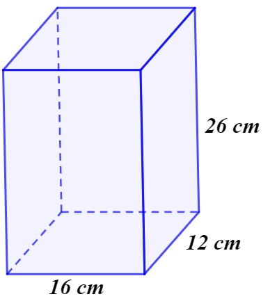 Ilustração de um paralelepípedo com 16 cm de comprimento, 12 cm de largura e 26 cm de altura.