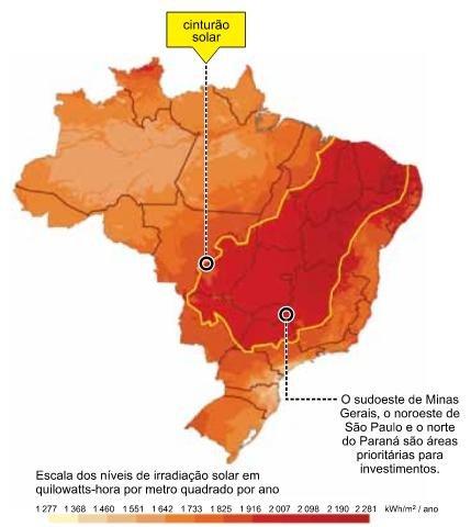 Mapa do Brasil indicando as regiões do país que mais recebem irradiação solar.