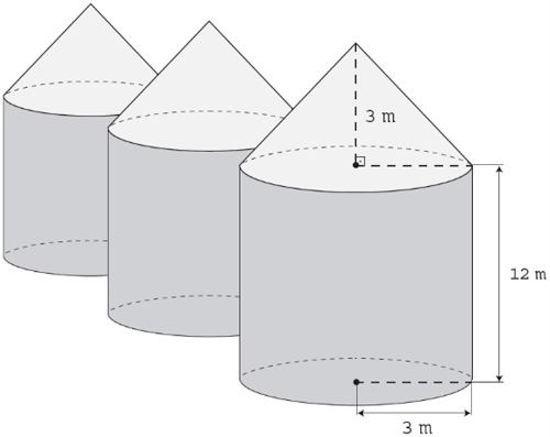 Ilustração de três silos no formato de um cilindro reto sobreposto por um cone.