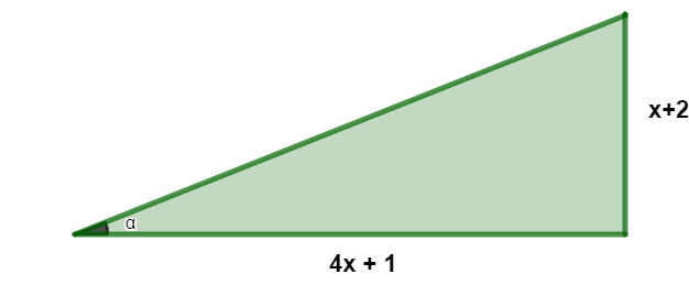 Ilustração de um triângulo retângulo, com lados medindo 4x+1 e x+2 e um ângulo medindo α, em um exercício sobre tangente.