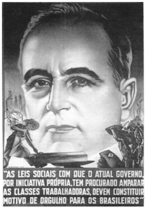 Cartaz com rosto de Getúlio Vargas em exercícios sobre Estado Novo.