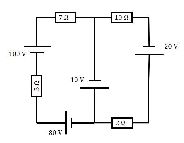 Ilustração de um circuito elétrico na questão 9 de uma lista de exercícios sobre leis de Kirchhoff.