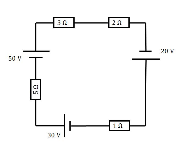 Ilustração de um circuito elétrico na questão 5 de uma lista de exercícios sobre leis de Kirchhoff.