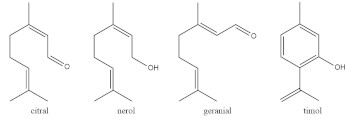 Estrutura química de compostos extraídos a partir de óleos essenciais em questão sobre funções orgânicas com oxigênio.