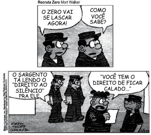 Dois personagens militares dialogando em uma tirinha, em exercícios sobre frase, oração e período.