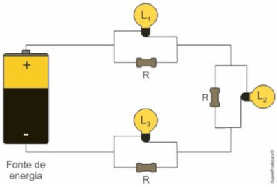 Circuito elétrico com três lâmpadas em exercício do Enem sobre leis de Ohm.