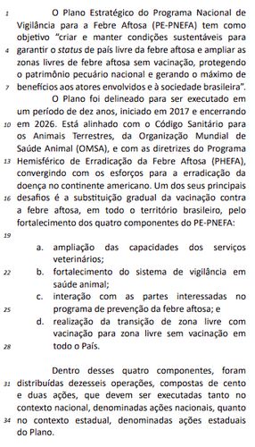 Trecho de documento oficial do Plano Estratégico do Programa Nacional de Vigilância para a Febre Aftosa.