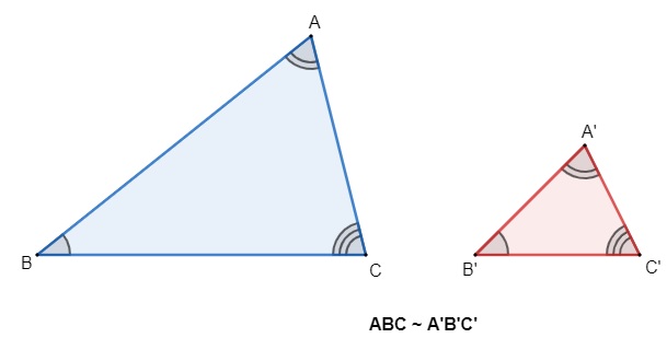 Representação de dois triângulos em referência à semelhança de triângulos.