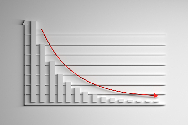 Gráfico de uma função exponencial decrescente.