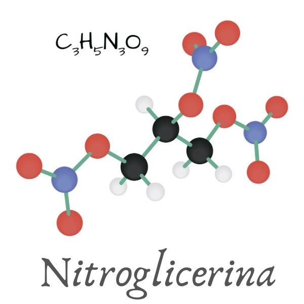 Representação da fórmula estrutural da molécula de nitroglicerina e sua fórmula molecular. 