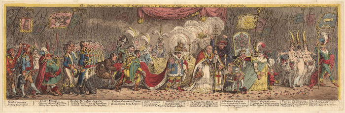 Obra de James Gillray que ridiculariza a coroação de Napoleão Bonaparte.[1]