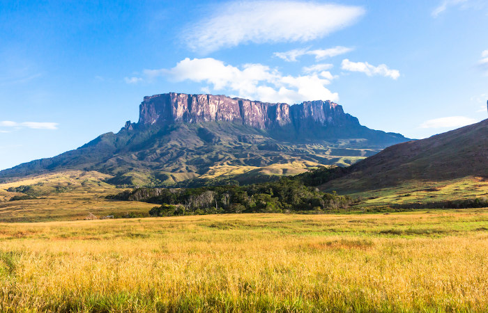 O monte Roraima está localizado na fronteira entre o Brasil, a Venezuela e a Guiana. Essa formação de relevo é a mais alta do estado de Roraima.