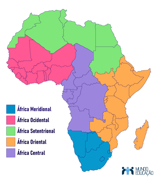 Mapa da divisão regional da África de acordo com a Organização das Nações Unidas (ONU).