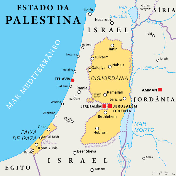 Mapa do território da Cisjordânia, na Palestina.