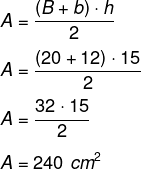 Resolução de cálculo da área de trapézio cujas bases medem 20 cm e 12 cm e a altura mede 15 cm.
