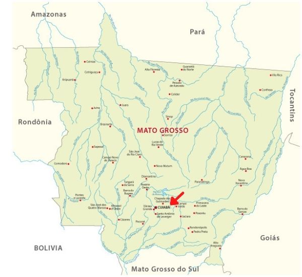 Mapa do estado do Mato Grosso, com destaque para a localização de Cuiabá.