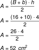 Cálculo da área de um trapézio isósceles com bases medindo 10 cm e 16 cm, e altura medindo 4 cm.