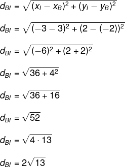 Resolução de questão calculando a distância entre dois pontos de um plano cartesiano por meio da fórmula