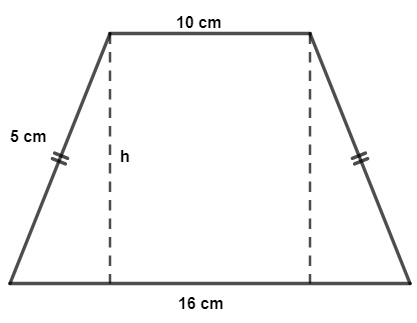 Trapézio isósceles com bases medindo 10 cm e 16 cm e lados medindo 5 cm.