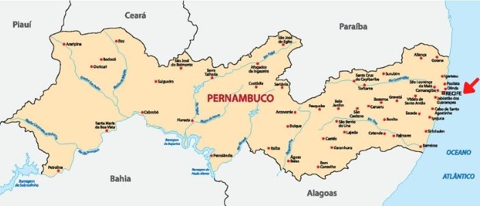 Mapa do estado do Pernambuco, com destaque para a localização de Recife.